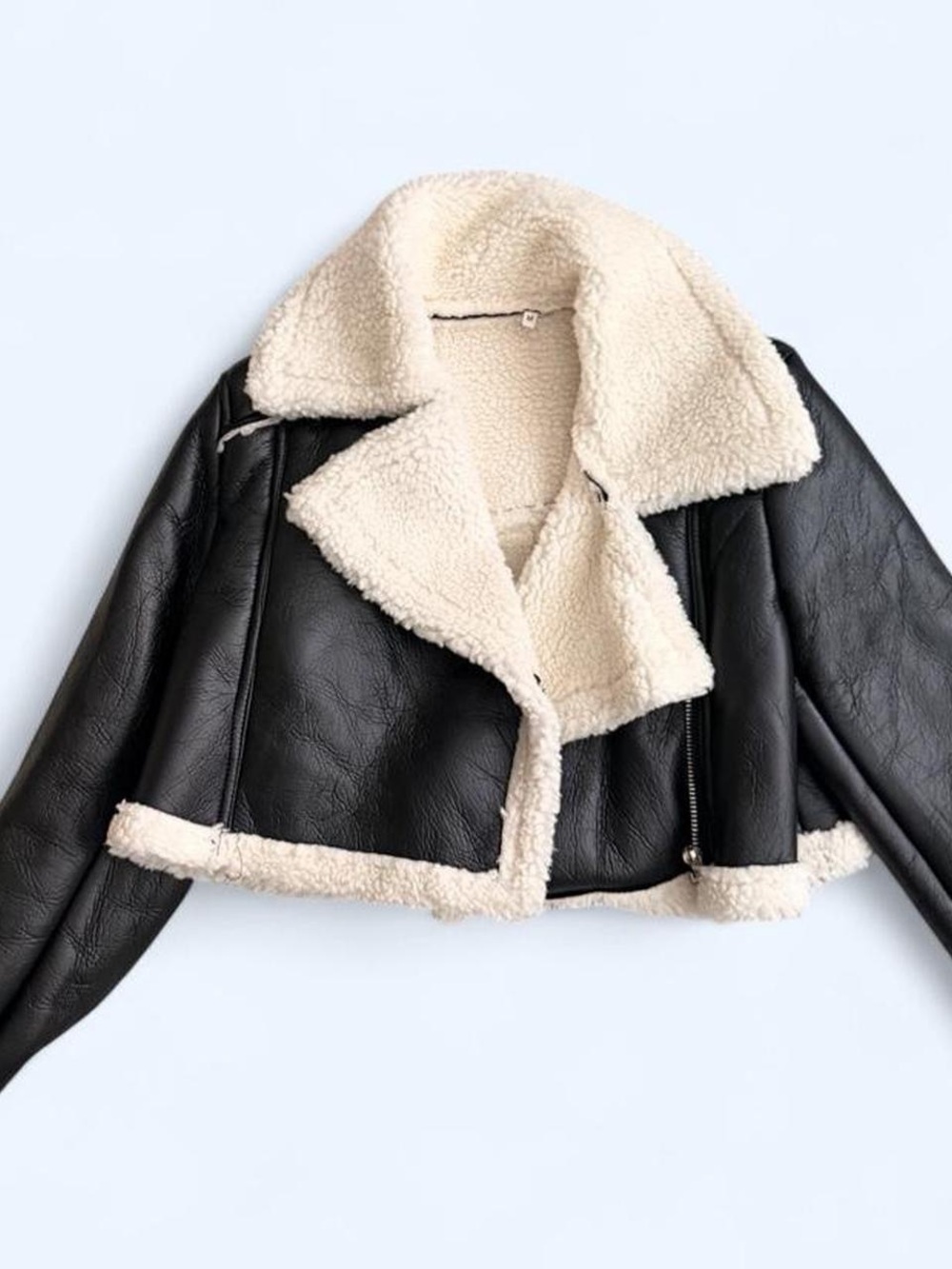 & Other Stories Black Faux Leather Moto Jacket with Cream Sherpa Trim